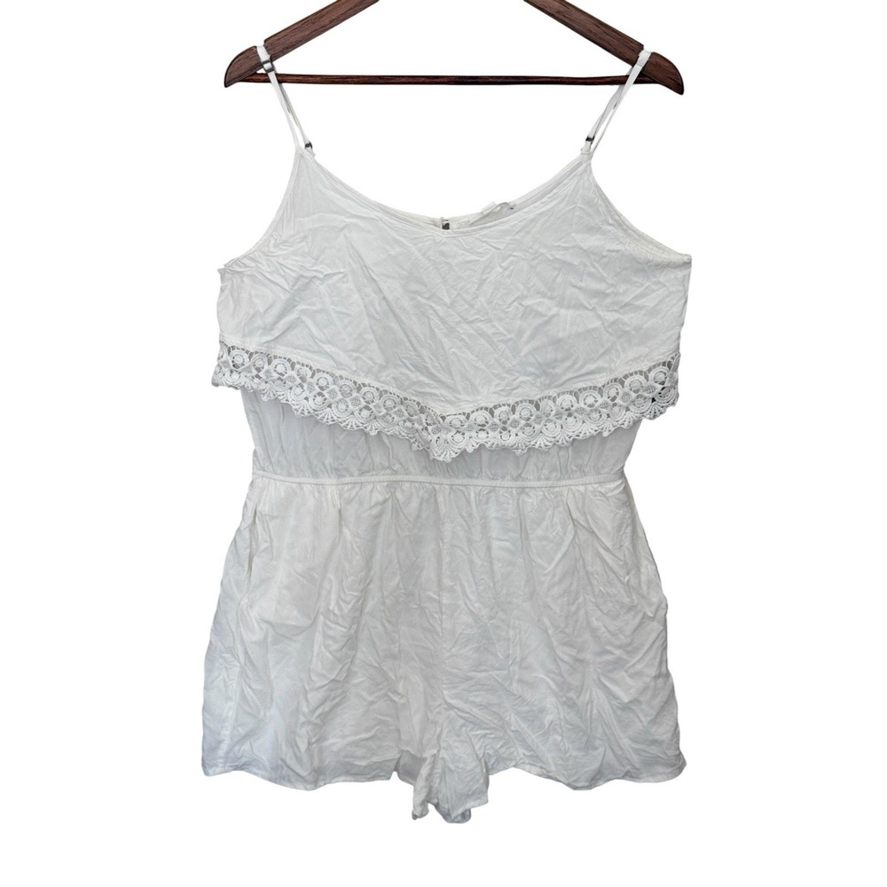 White Lace Trim Spaghetti Strap Romper Large Boho Summer Playsuit Festival Cute
